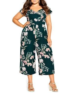 NEW City Chic Jumpsuit Women's Size 16 Green Fresh Field Floral Off The Shoulder